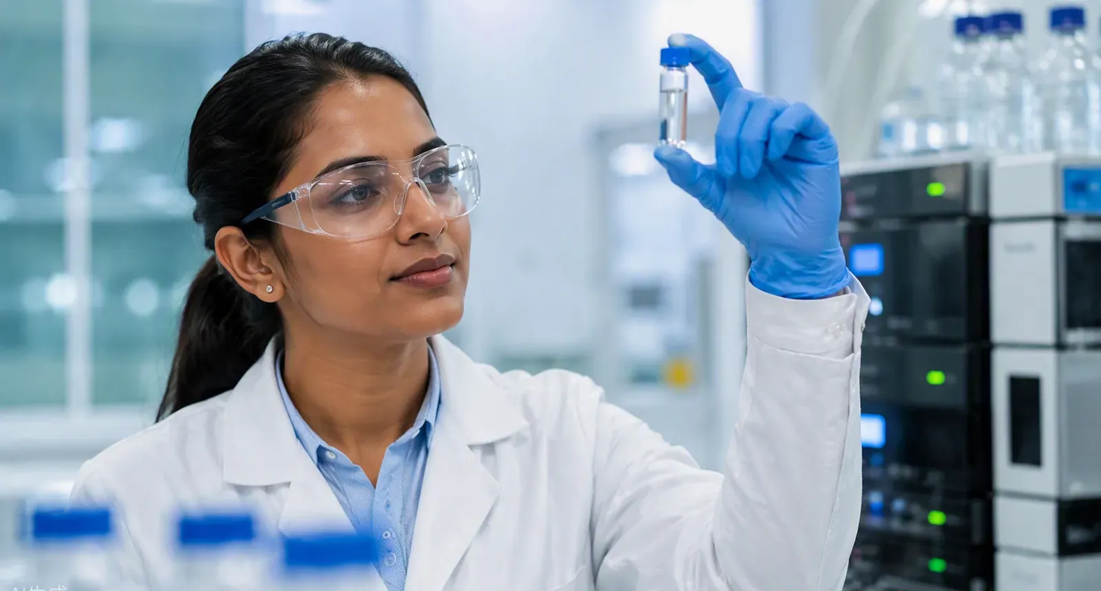Noxptide analyst inspecting a research peptide vial beside HPLC instrumentation